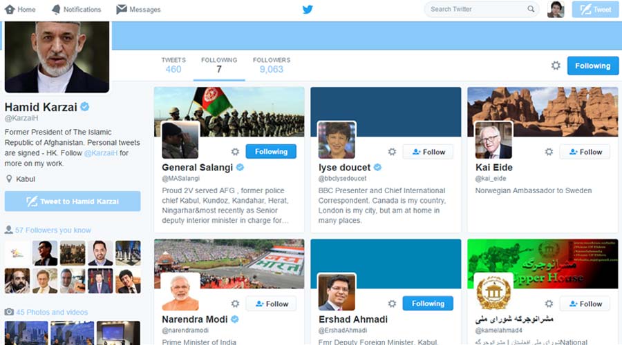 حساب تویتری حامد کرزی، رییس جمهور پیشین افغانستان