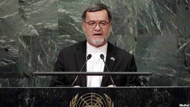 معاون رییس جمهور افغانستان در جریان سخن‌رانی در مجمع عمومی سازمان ملل