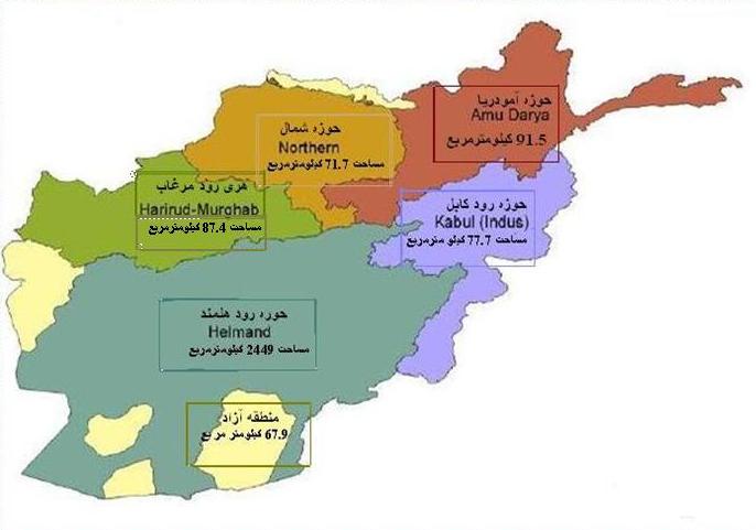 افغانستان داری پنج حوزه آبی است؛ این پنج حوزه، شامل حوزه آبی پنج آمو، حوزه‌ آبی شمال، حوزه آبی کابل، حوزه آبی هریرود و حوزه آبی هلمند می شود که از این جمله، دو حوزه آن، هلمند و هریرود، در غرب افغانستان جریان دارد و آب‌ریز آن در خاک ایران است