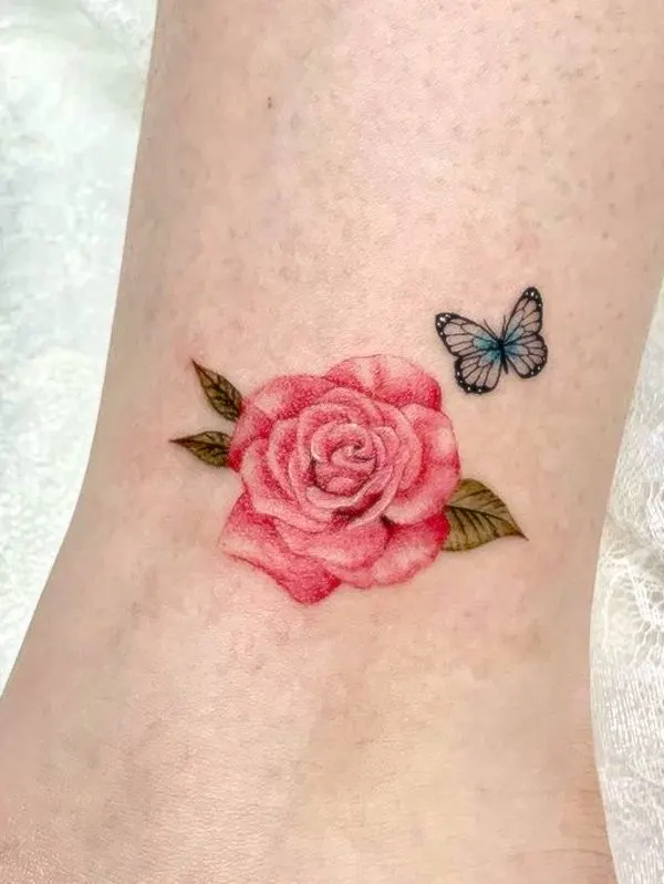 گل رز و پروانه روی پا